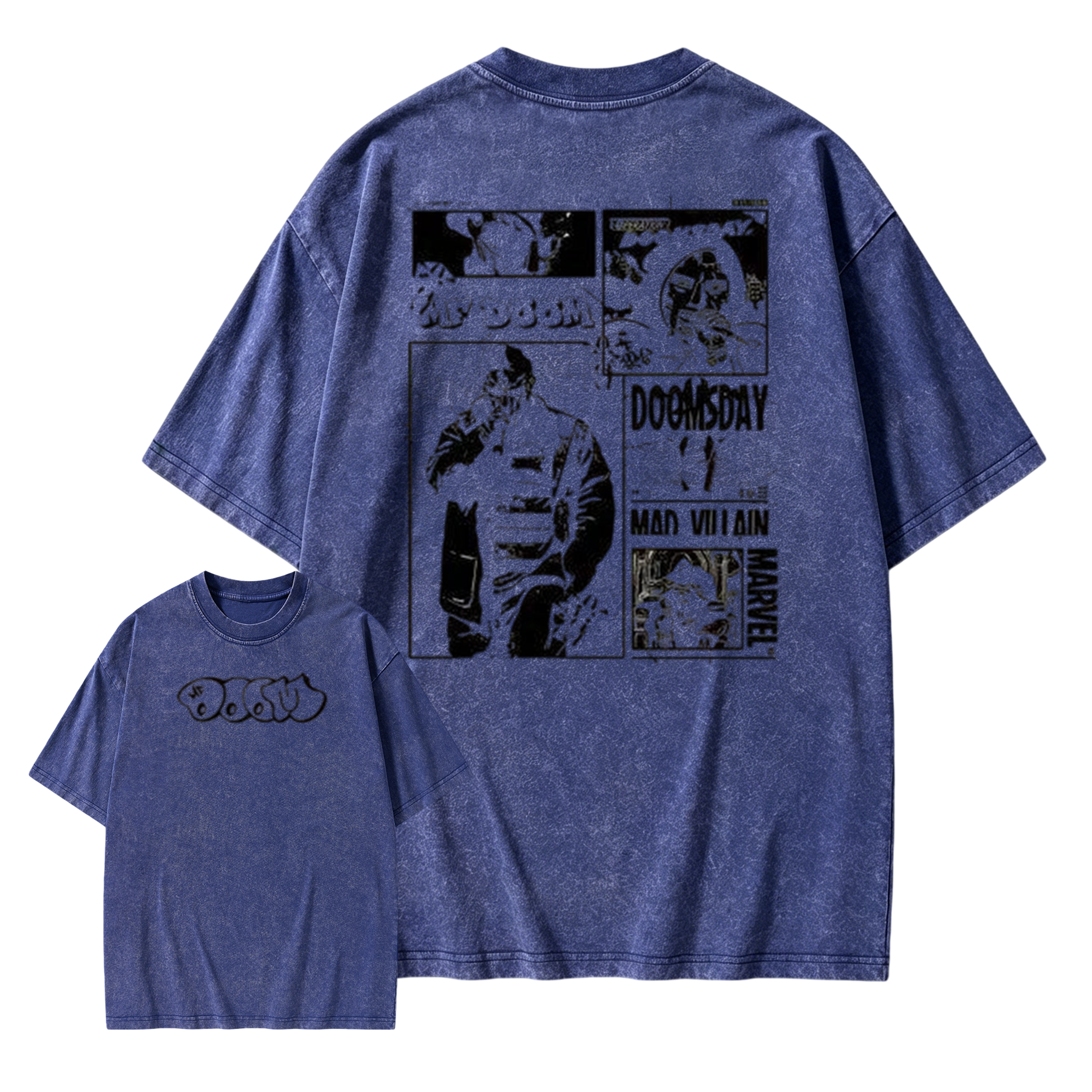 "DOOM" graffiti-style logo; featuring his signature works, *Operation: Doomsday* and *Madvillainy*.--Short Sleeve Cotton Unisex Retro wash Tee