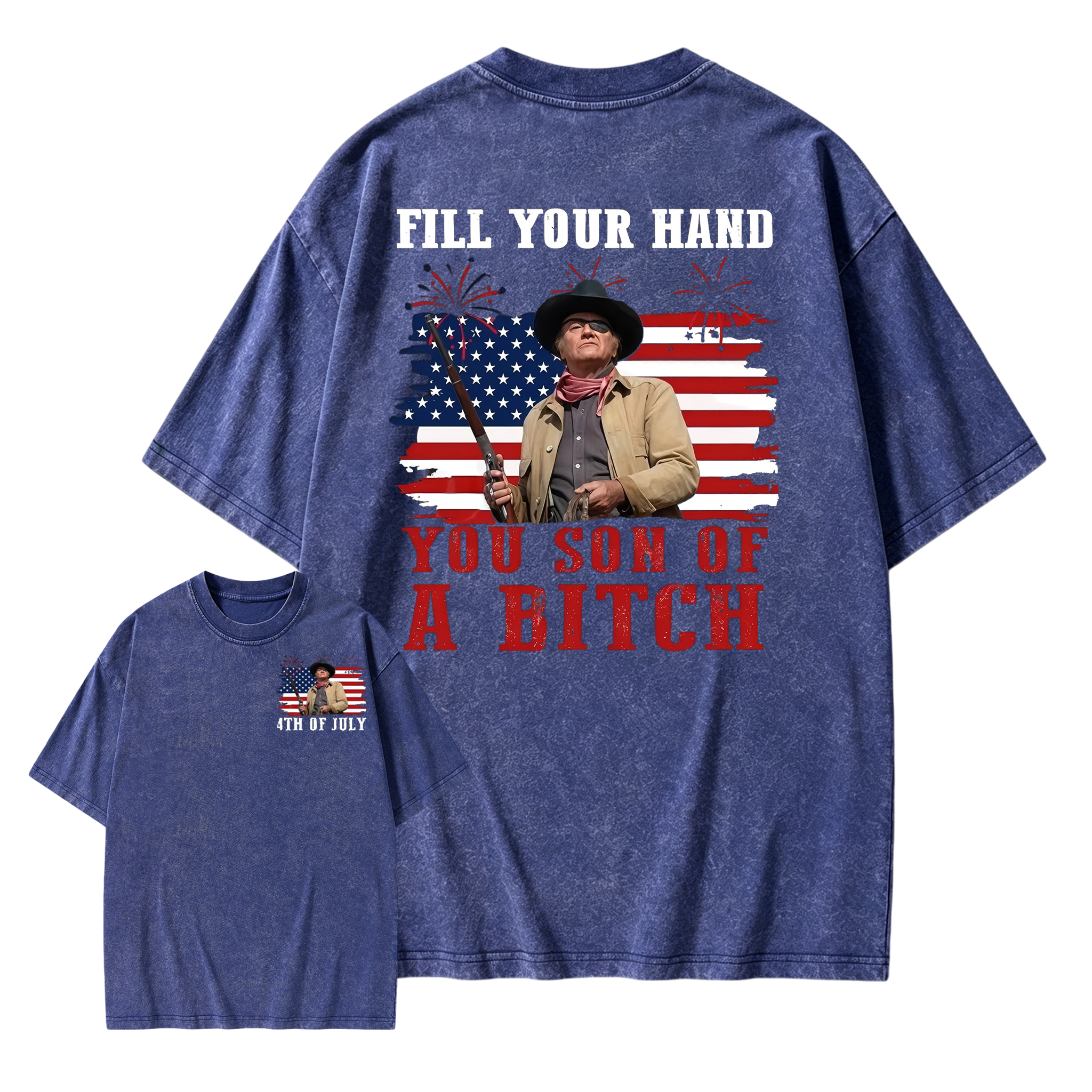 Funny Patriotic Cowboy Shirt for Men, Fill Your Hand USA Flag Graphic Tee, 4th of July Western Cowboy Washed Tee