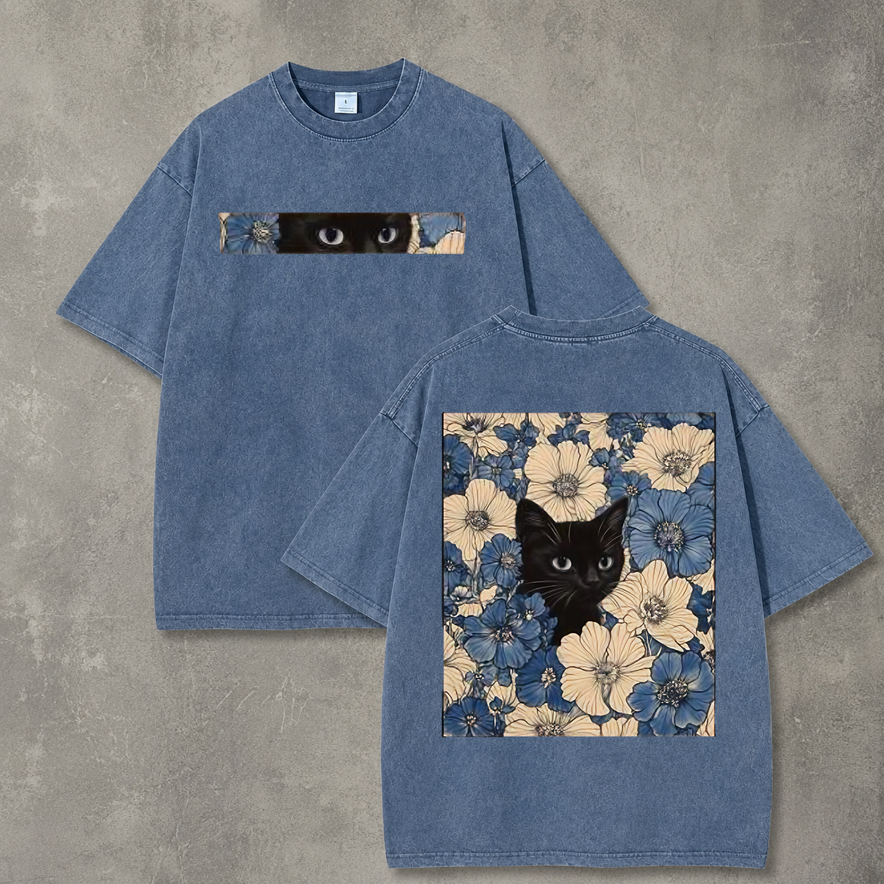 Retro Acid Wash Black Cat Flower Art T-Shirt