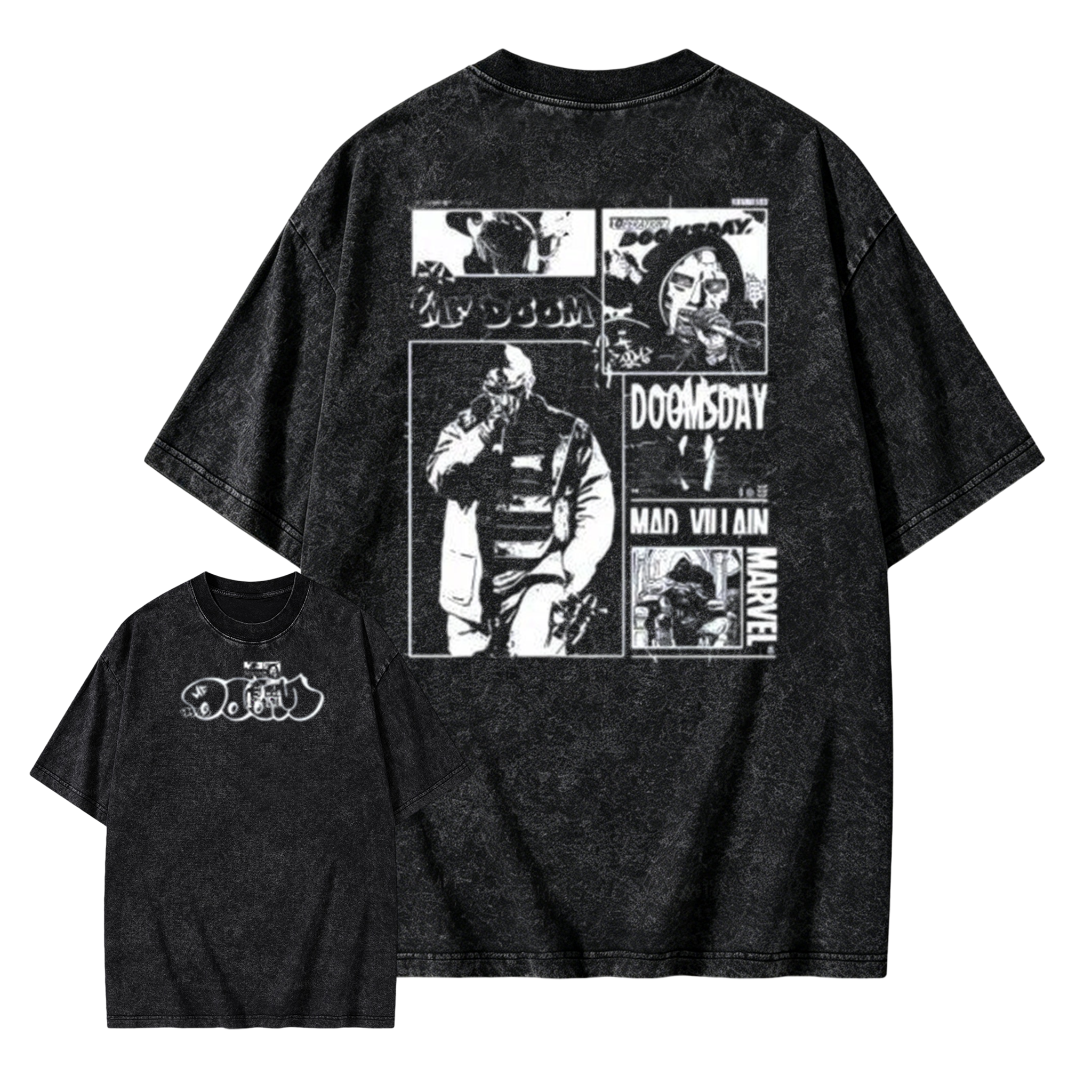 "DOOM" graffiti-style logo; featuring his signature works, *Operation: Doomsday* and *Madvillainy*.--Short Sleeve Cotton Unisex Retro wash Tee