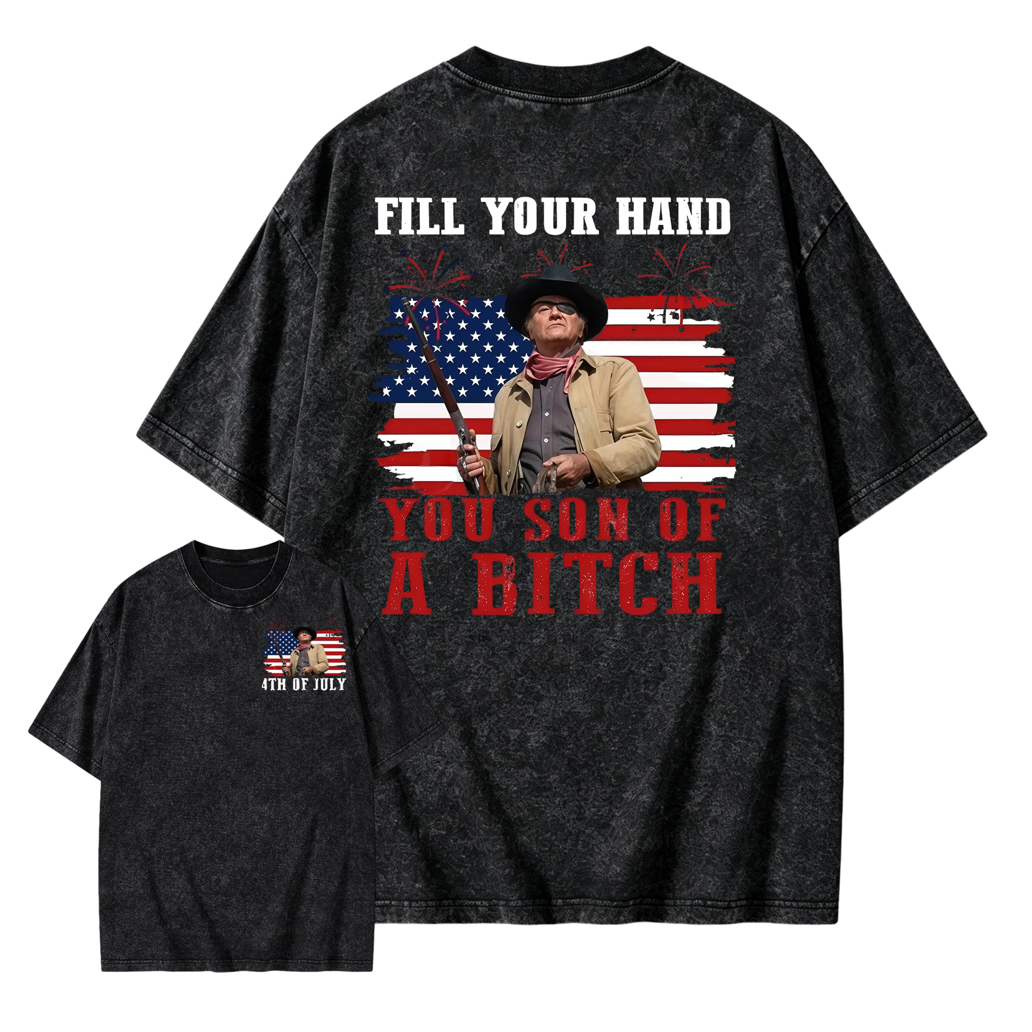 Funny Patriotic Cowboy Shirt for Men, Fill Your Hand USA Flag Graphic Tee, 4th of July Western Cowboy Washed Tee