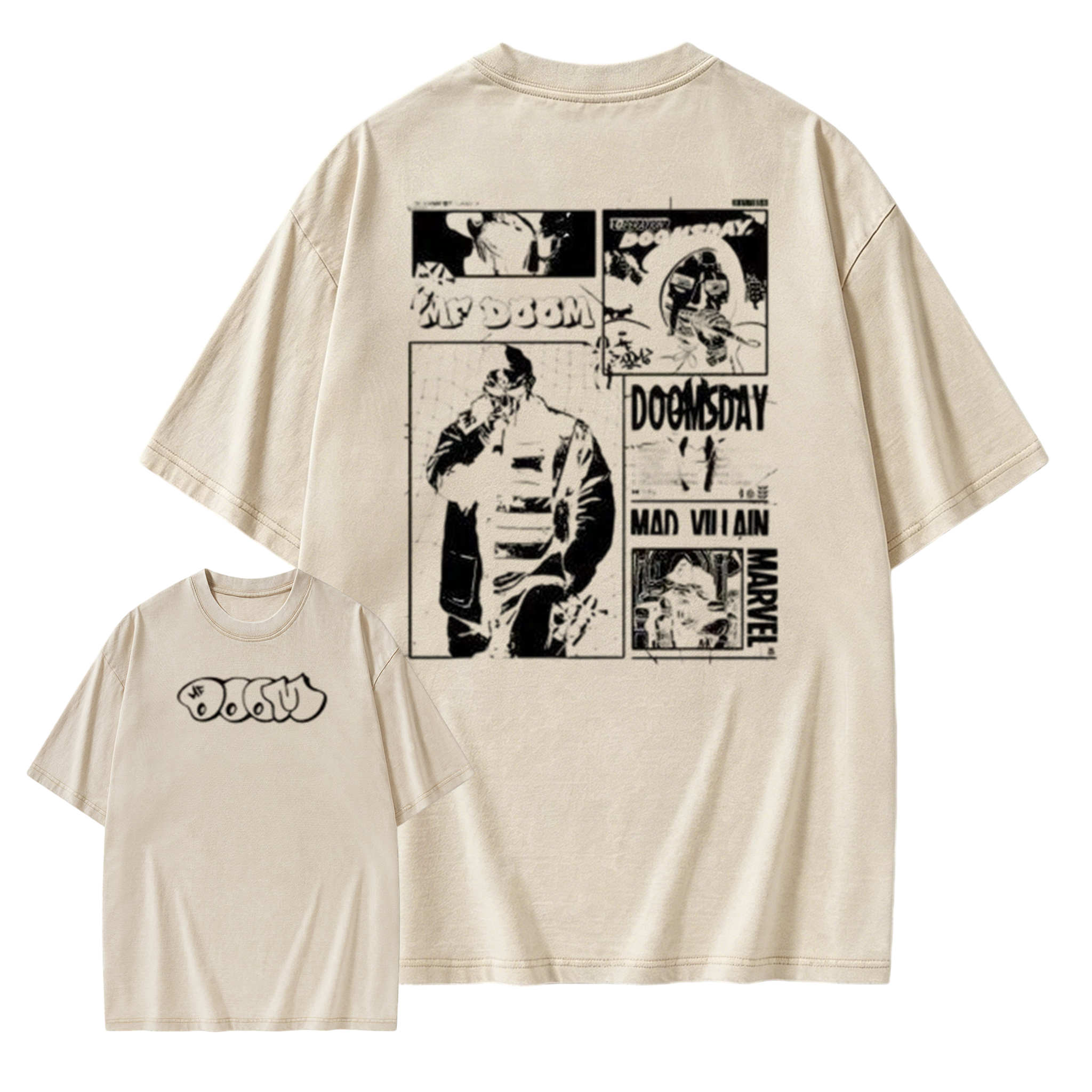 "DOOM" graffiti-style logo; featuring his signature works, *Operation: Doomsday* and *Madvillainy*.--Short Sleeve Cotton Unisex Retro wash Tee