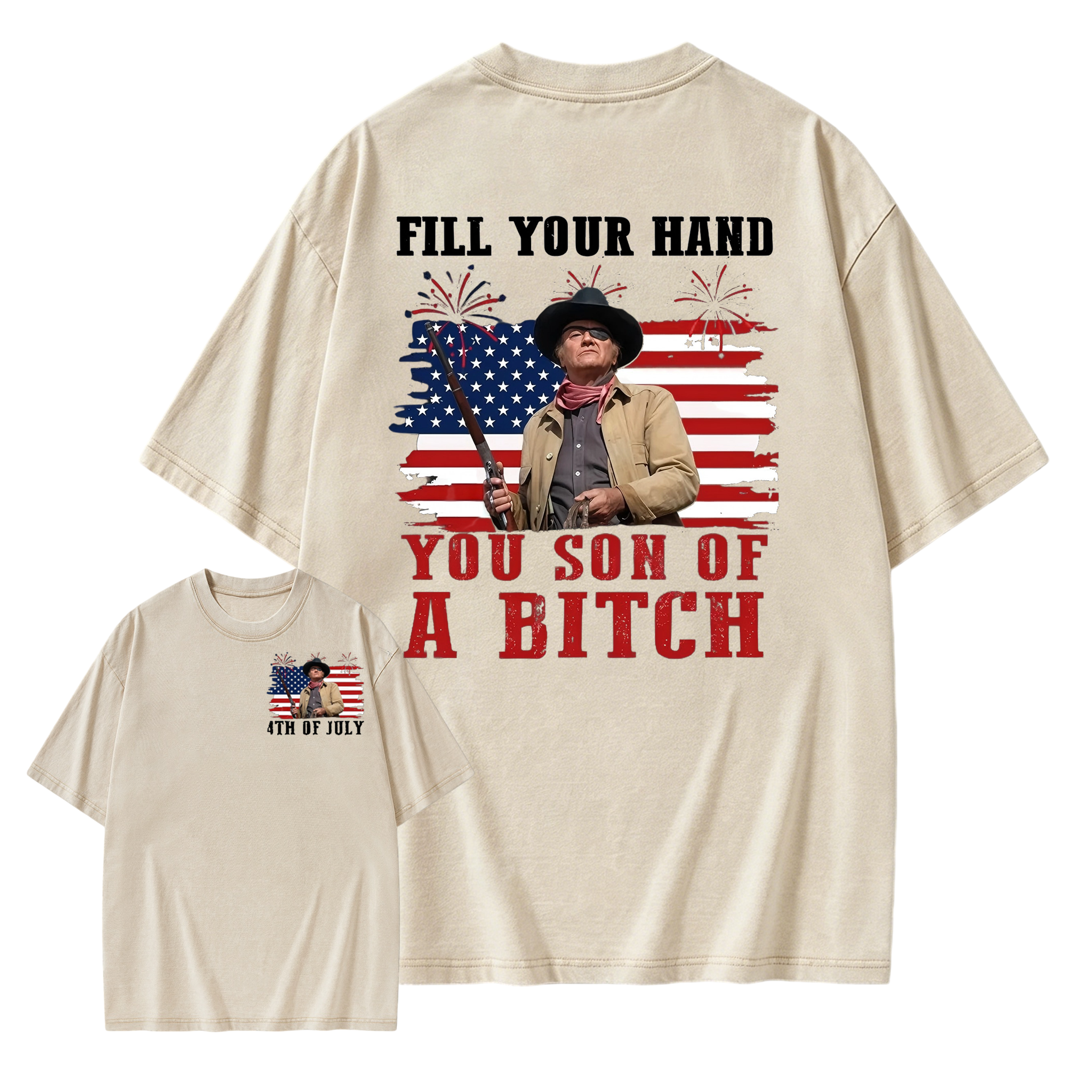 Funny Patriotic Cowboy Shirt for Men, Fill Your Hand USA Flag Graphic Tee, 4th of July Western Cowboy Washed Tee