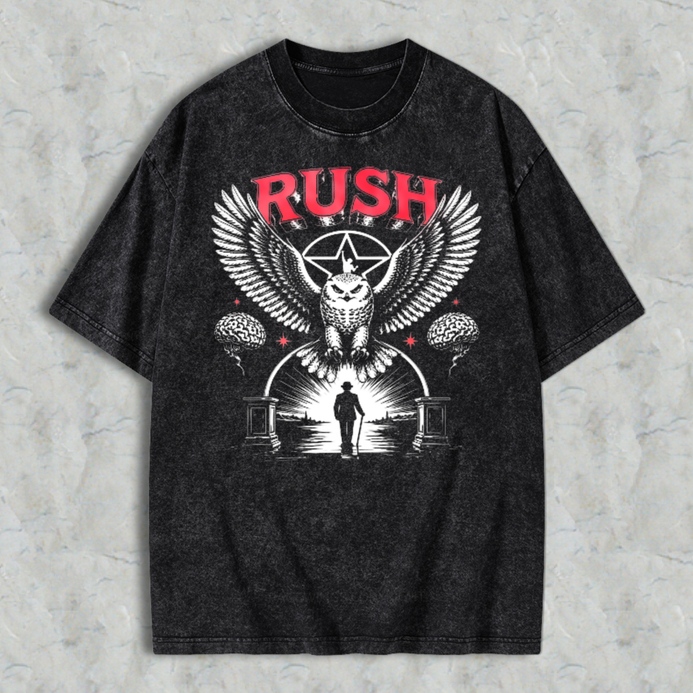Rush Band Owl Wings Pentagram Silhouette Graphic Washed T-shirt