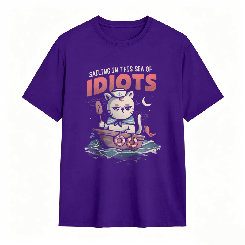 Cat Sailing In A Boat With Text Sailing In This Sea Of Idiots Unisex Classic T-shirt
