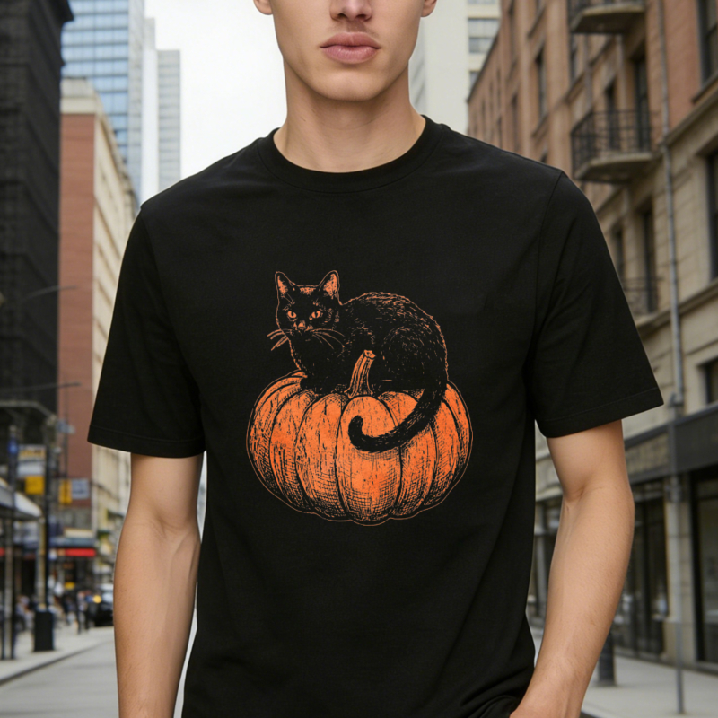 Black Cat Sitting On Orange Pumpkin Halloween Vintage Graphic T-shirt