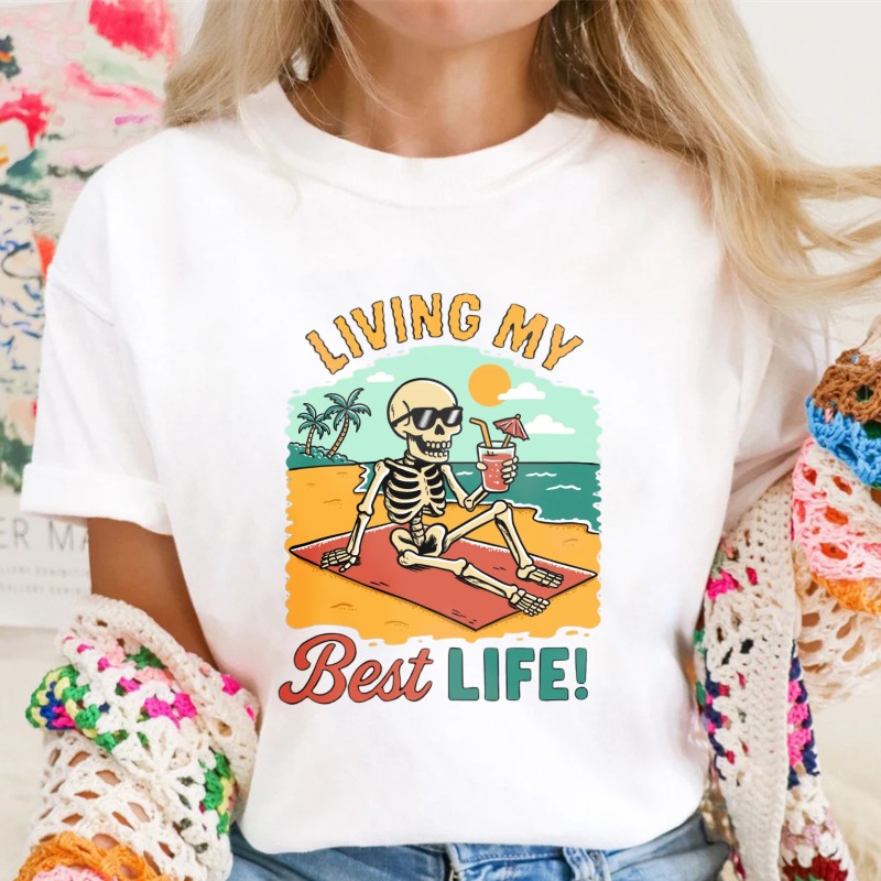 Skeleton On Beach With Cocktail Living My Best Life Unisex Classic T-shirt