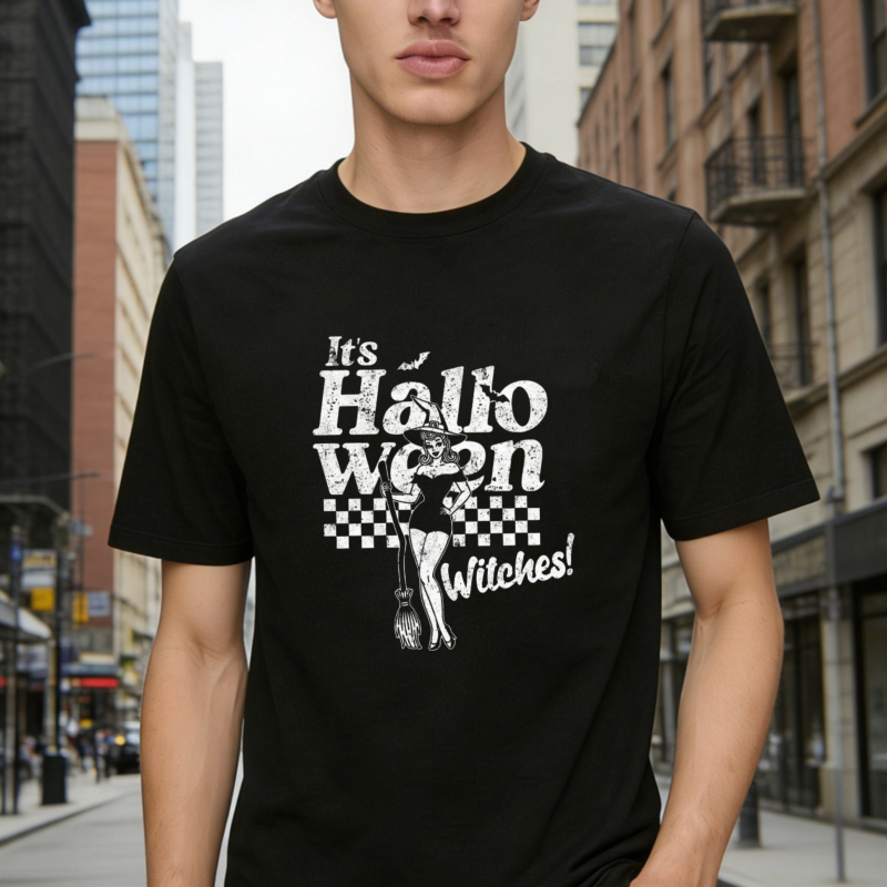 Its Halloween Witches Retro Checkered Witch Graphic T-shirt