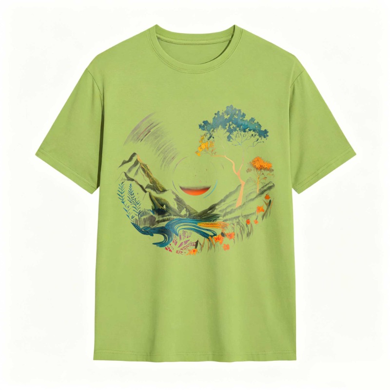 Nature Landscape With Mountain River Tree And Sun Unisex Classic T-shirt
