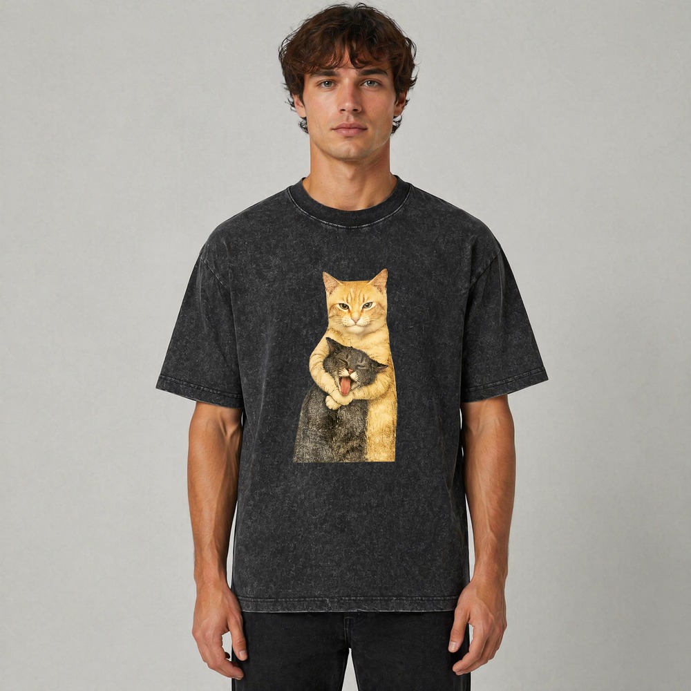 Orange Cat Hugging Tabby Cat Graphic Washed T-shirt
