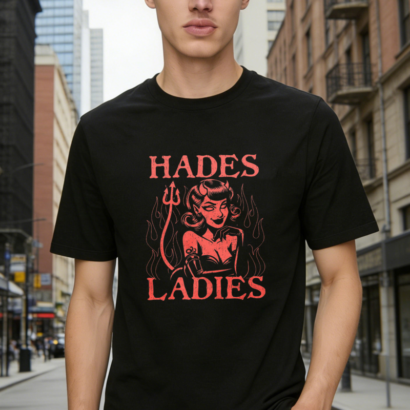 Hades Ladies Vintage Pinup Girl With Trident And Flames Graphic T-shirt