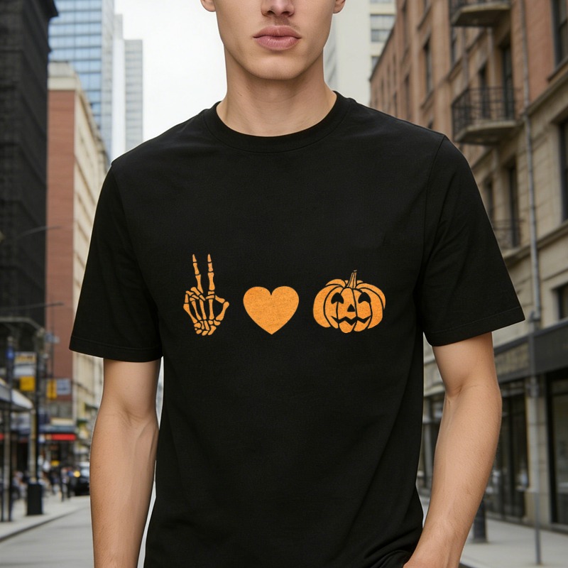 Skeleton Hand Peace Sign Heart Jack O Lantern Pumpkin Halloween Graphic T-shirt