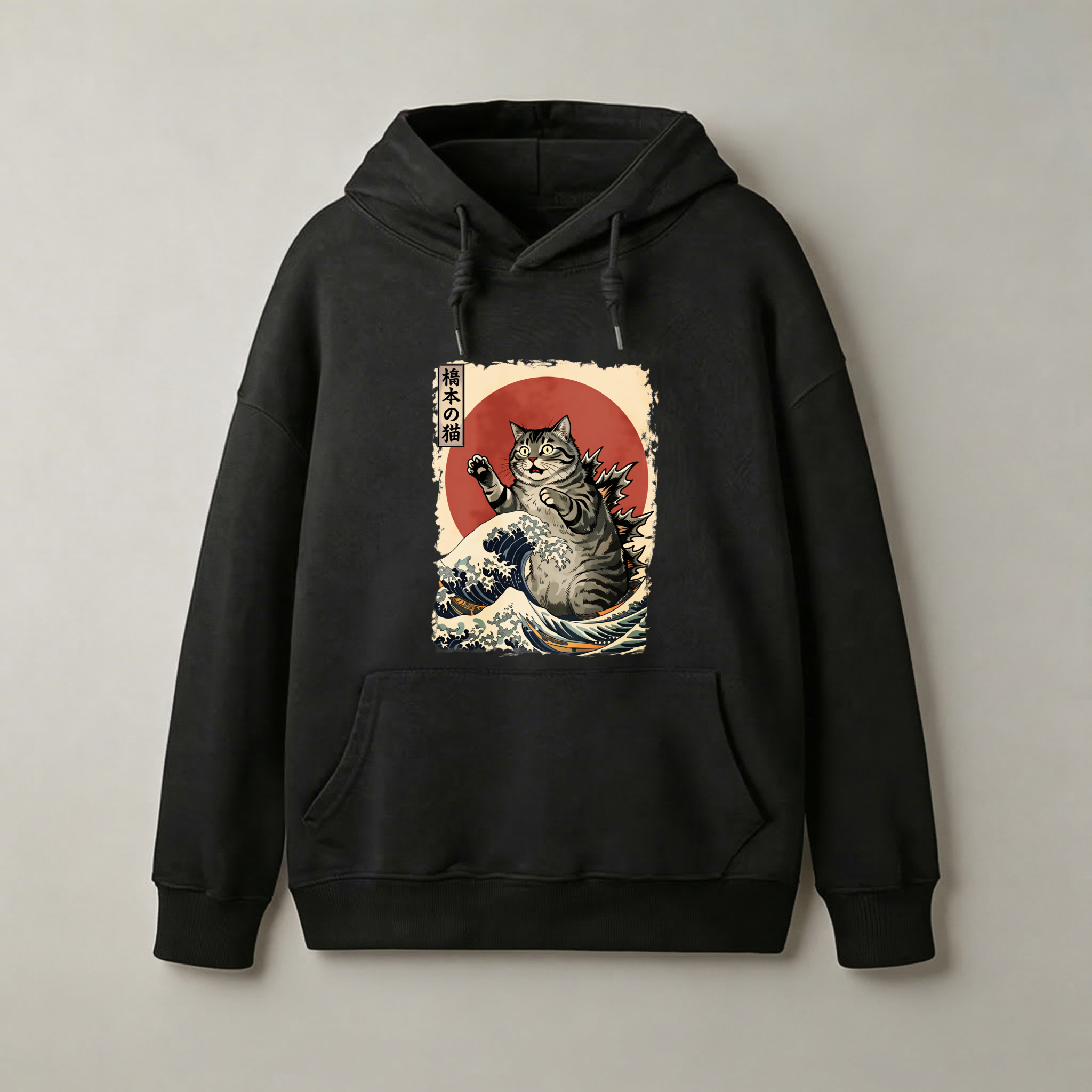 Cat Godzilla Wave Japanese Art Hoodie Black Unisex Sweatshirt