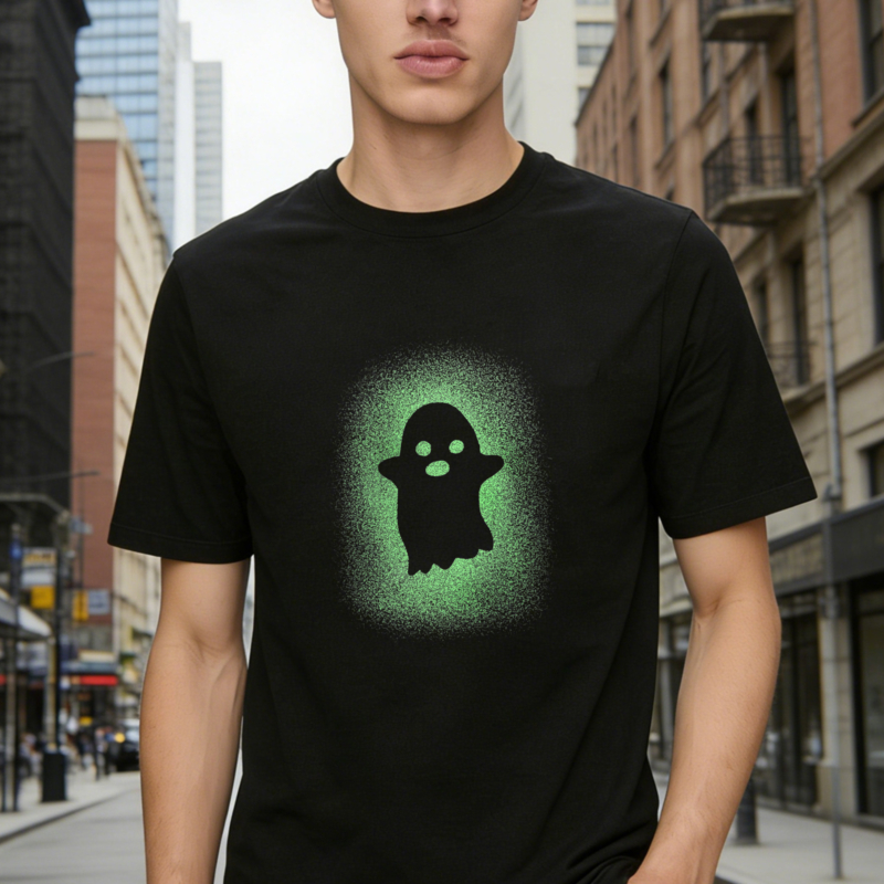 Glowing Green Ghost Silhouette Spray Paint Effect Graphic T-shirt