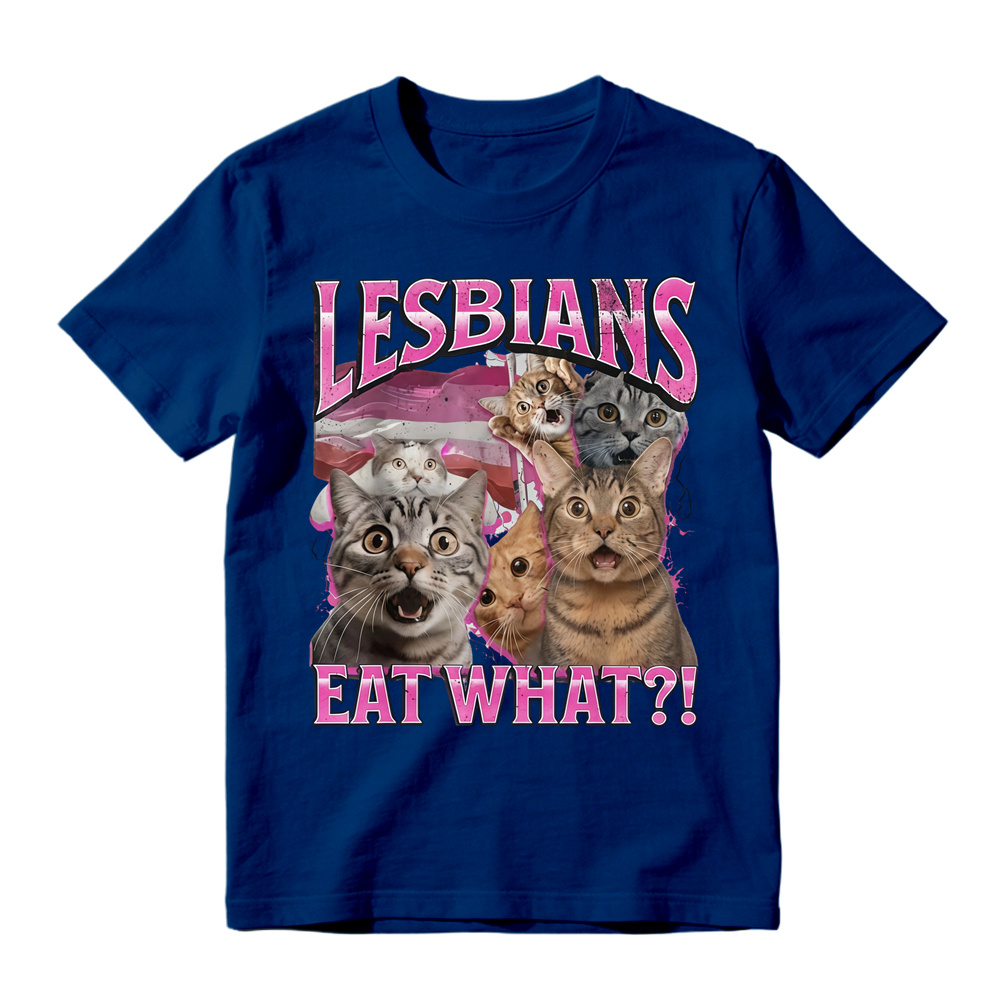 Lesbians Eat What?! Funny Cat Gay Pride Pun T-Shirt Fit Top