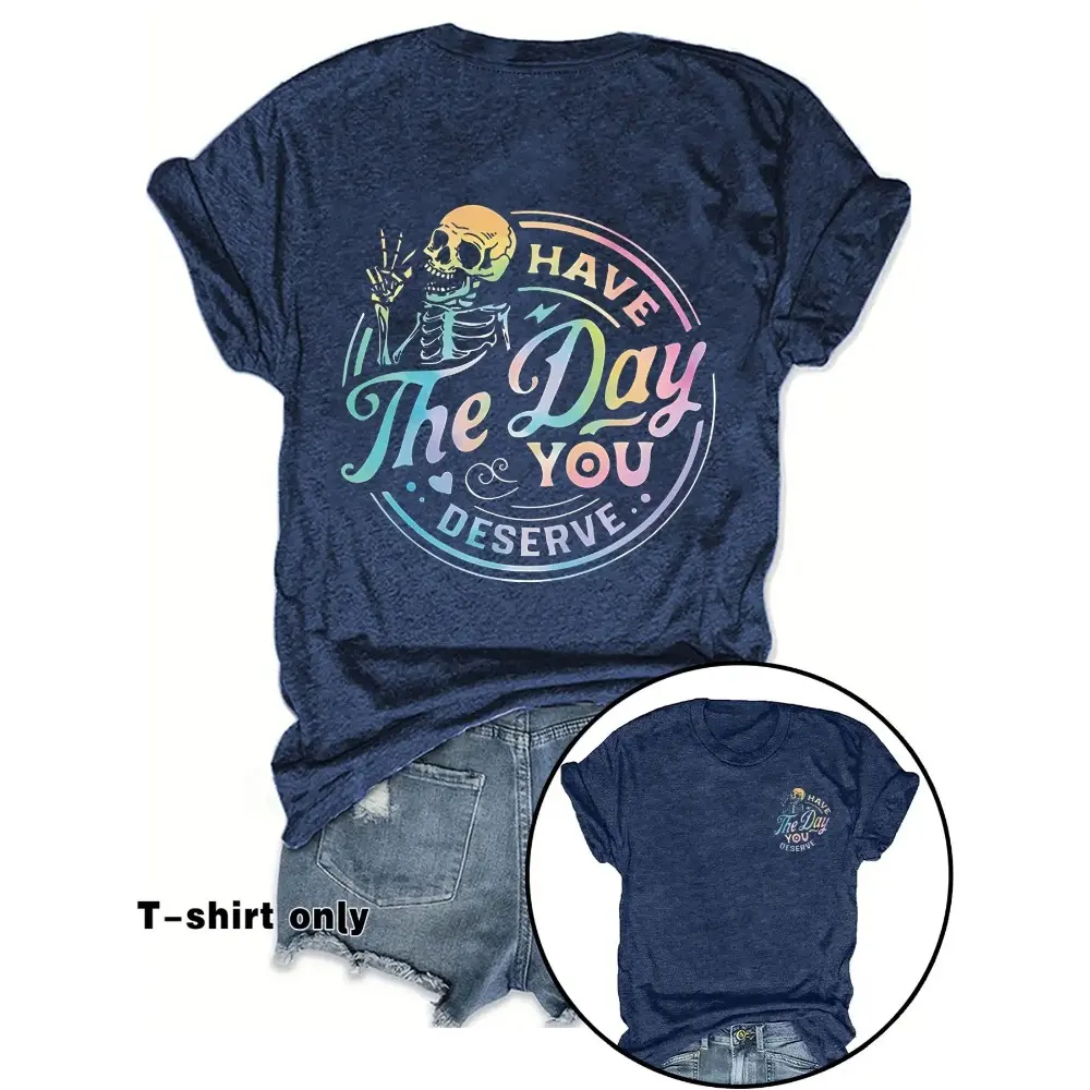 Women's Skeleton & Letter Print Round Neck Tee Fashion Casual Crew Neck T-Shirt for Daily Holiday Vacation Outdoor Wear