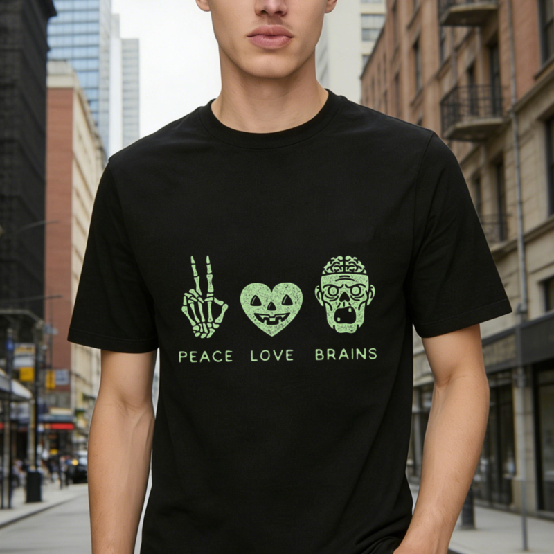 Peace Love Brains Zombie Skeleton Hand Heart Graphic T-shirt