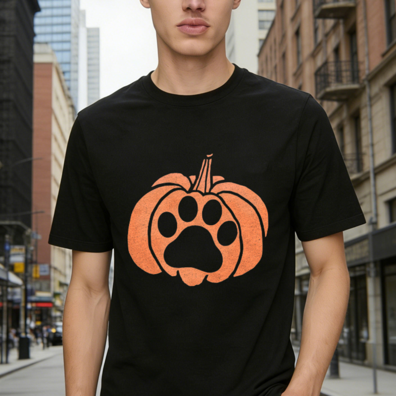 Orange Pumpkin With Black Paw Print Design Halloween Cat Lover Graphic T-shirt