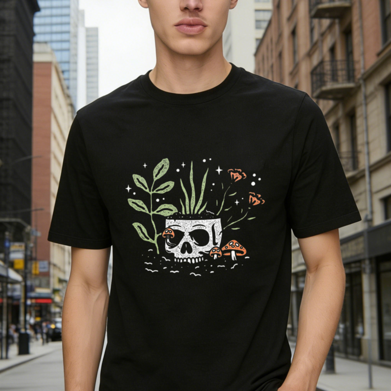Skull With Plants And Mushrooms Graphic T-shirt
