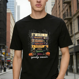 Spooky Season Halloween Movie Books Stack Graphic T-shirt