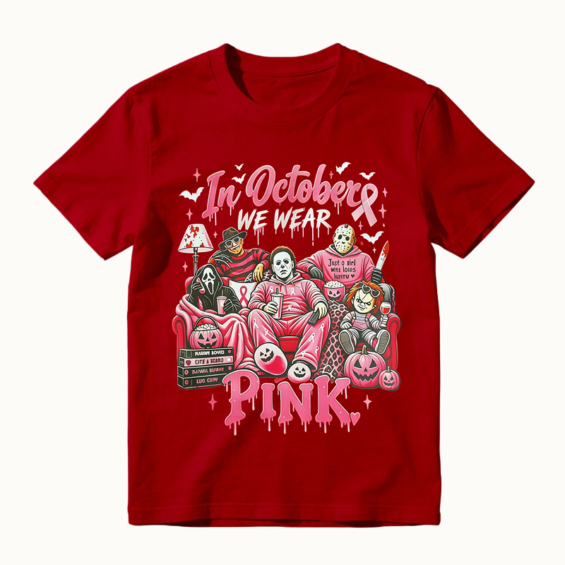 In October We Wear Pink Horror Movie Characters Print Breast Cancer Awareness Graphic T-Shirt