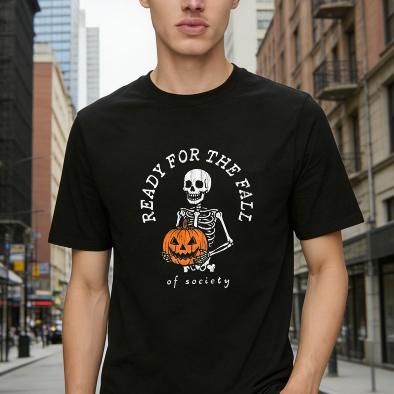 Ready For The Fall Of Society Skeleton Holding Pumpkin Halloween T-shirt
