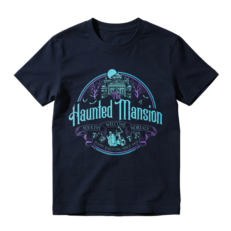 Vintage Spooky Ghost House Graphic Unisex Classic T-shirt Retro Halloween Moon Bat Short Sleeve Tee