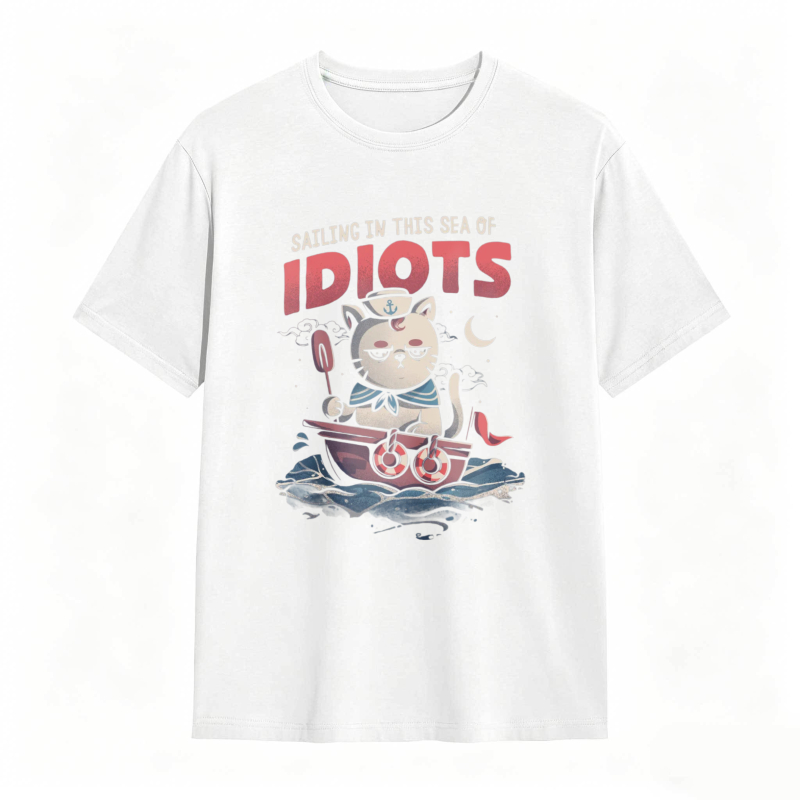 Cat Sailing In A Boat With Text Sailing In This Sea Of Idiots Unisex Classic T-shirt