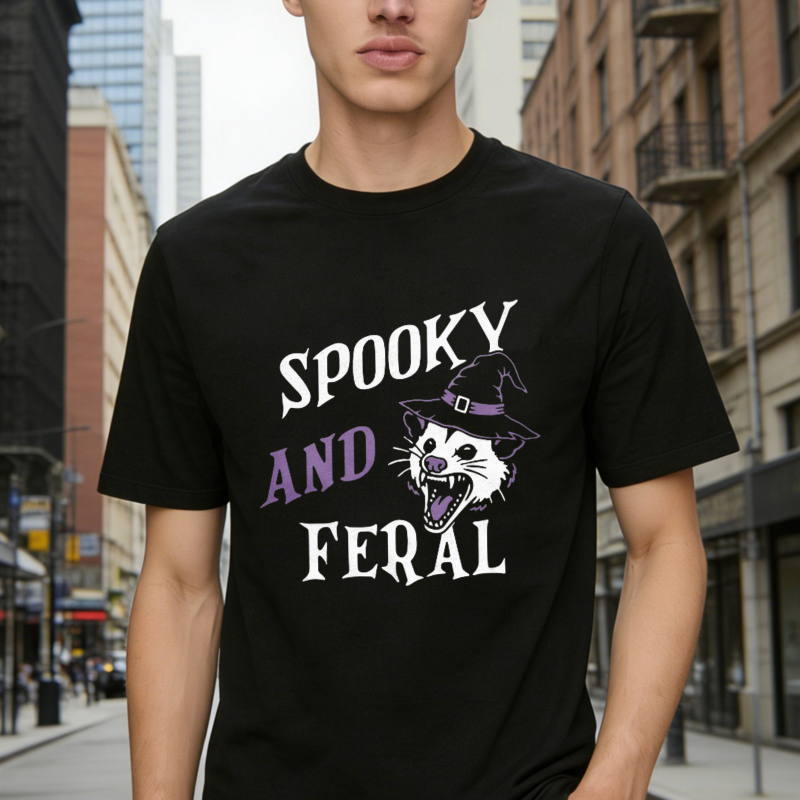Spooky And Feral Witch Cat Halloween Graphic T-shirt