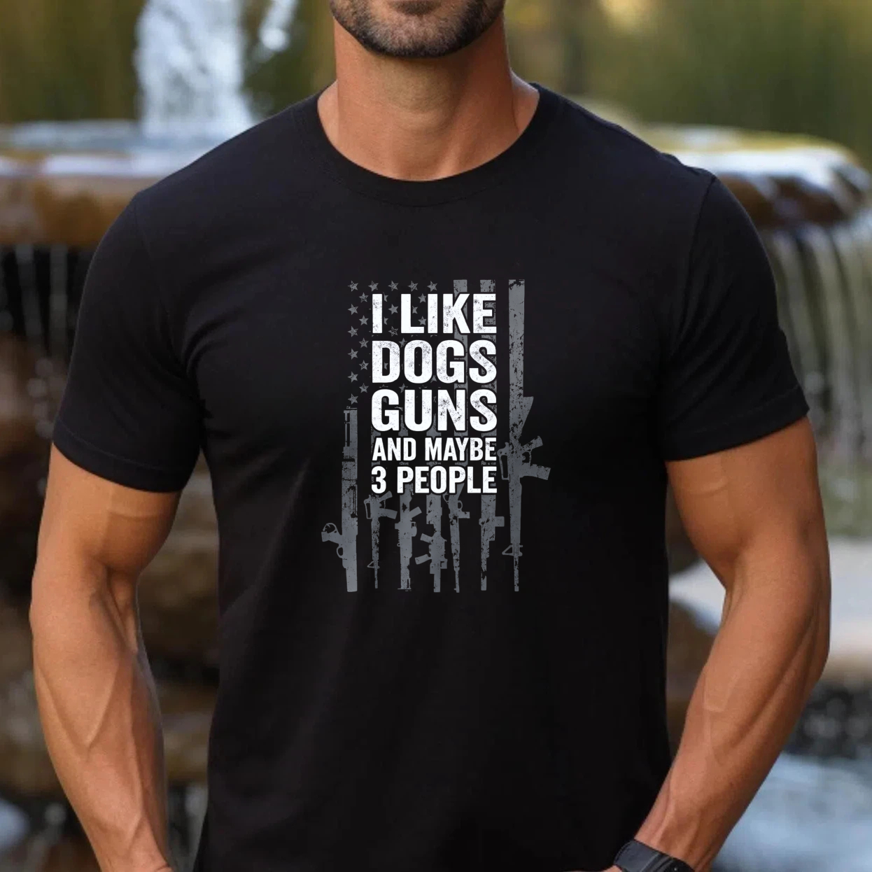 TEECURENT I Like Dogs Guns And Maybe 3 People T Shirt Men Women Black Graphic Tee Gun Lover Dog Owner Funny Statement Shirt