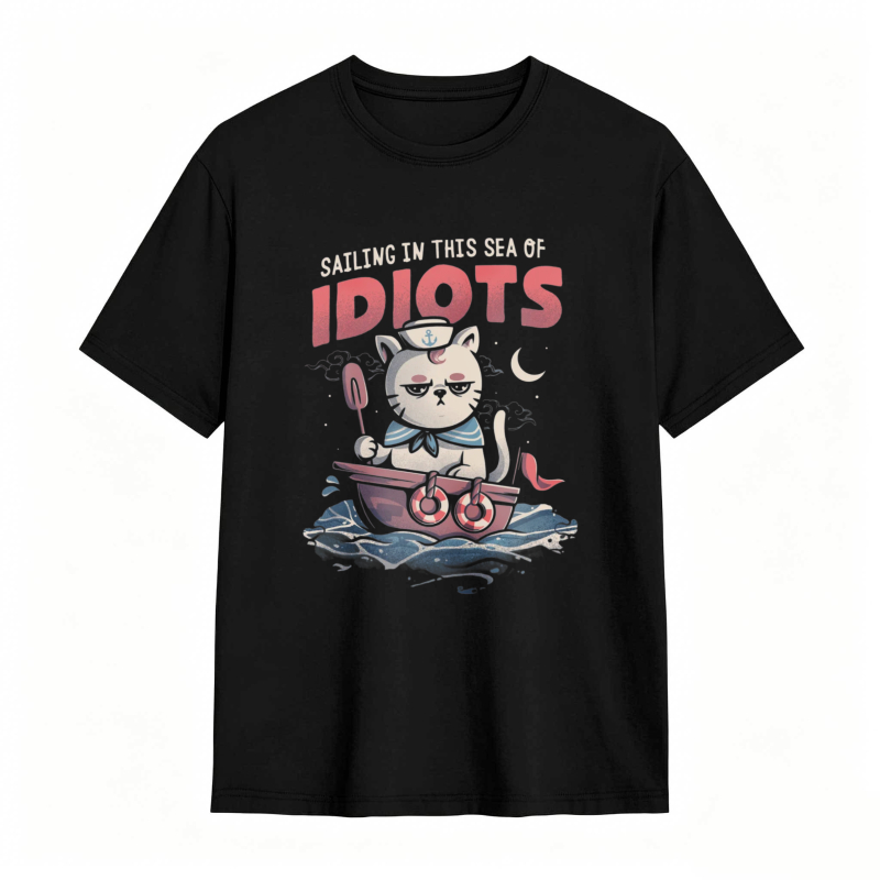 Cat Sailing In A Boat With Text Sailing In This Sea Of Idiots Unisex Classic T-shirt