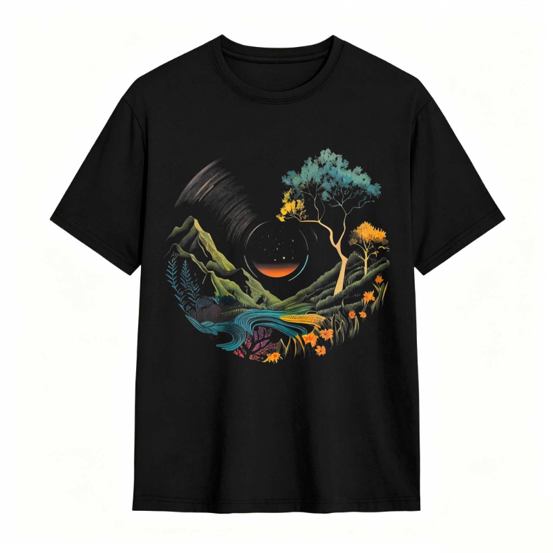 Nature Landscape With Mountain River Tree And Sun Unisex Classic T-shirt