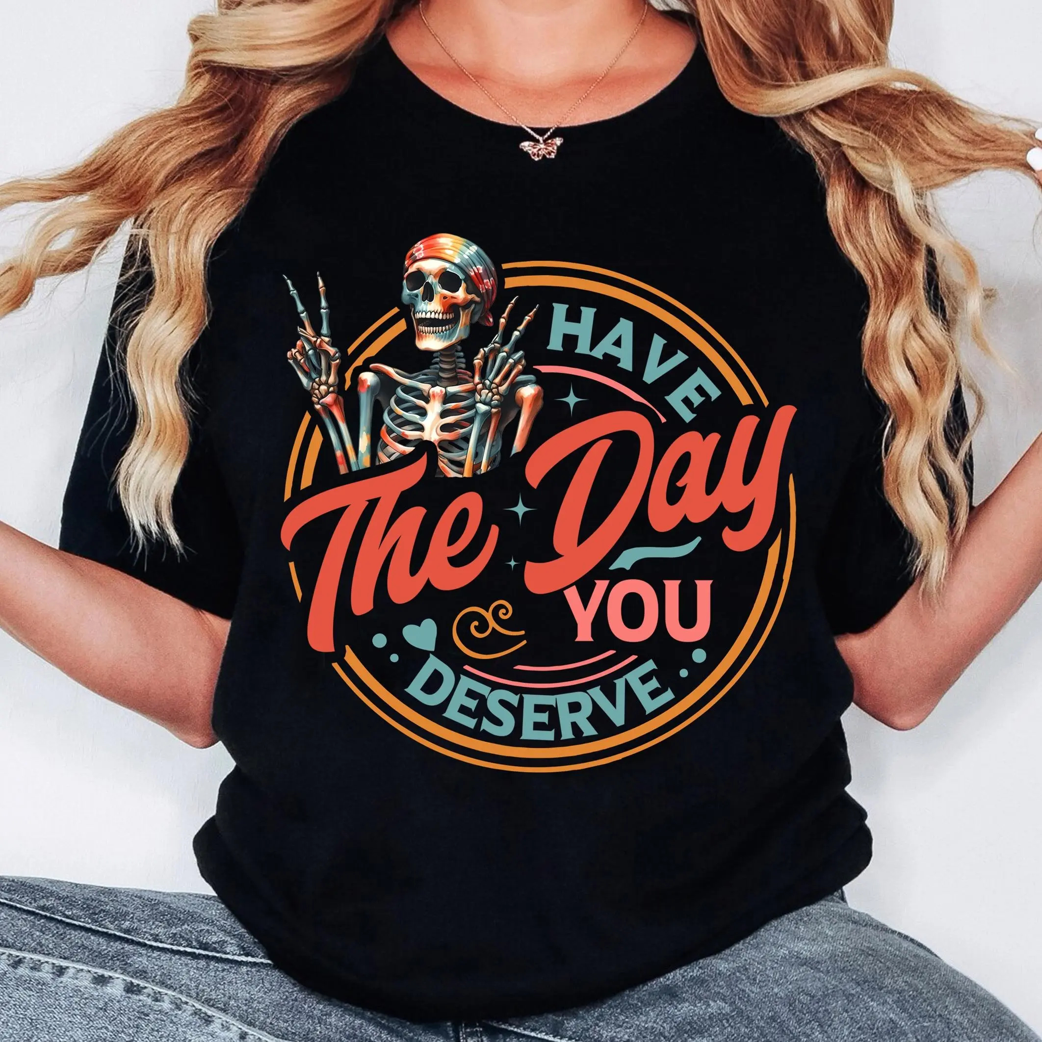 Women's Skeleton & Letter Print Round Neck Tee Fashion Casual Crew Neck T-Shirt for Daily Holiday Vacation Outdoor Wear