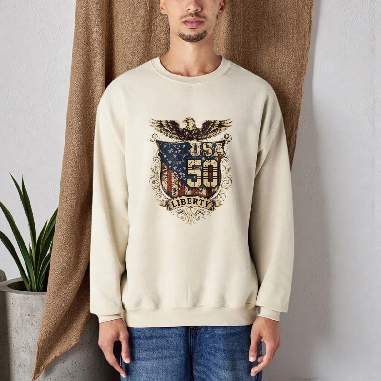 Usa 50 Liberty Eagle American Flag Sweatshirt Crewneck Pullover Long Sleeve Black