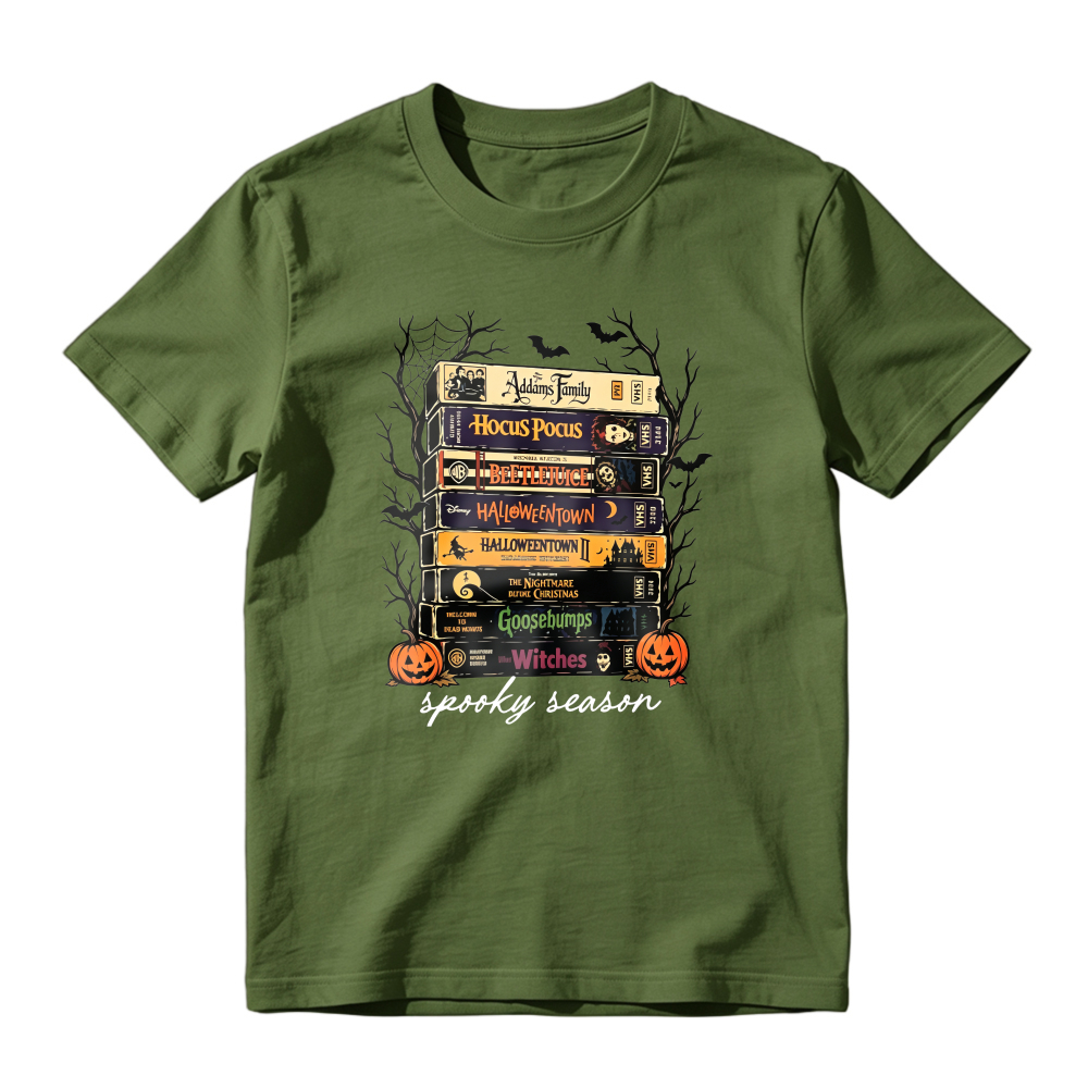Spooky Season Halloween Movie Books Stack Graphic T-shirt