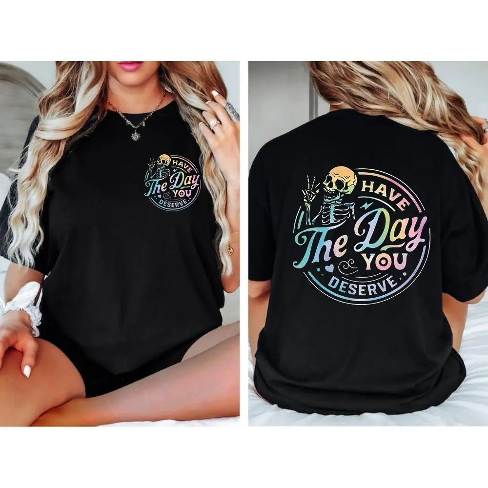 Women's Skeleton & Letter Print Round Neck Tee Fashion Casual Crew Neck T-Shirt for Daily Holiday Vacation Outdoor Wear
