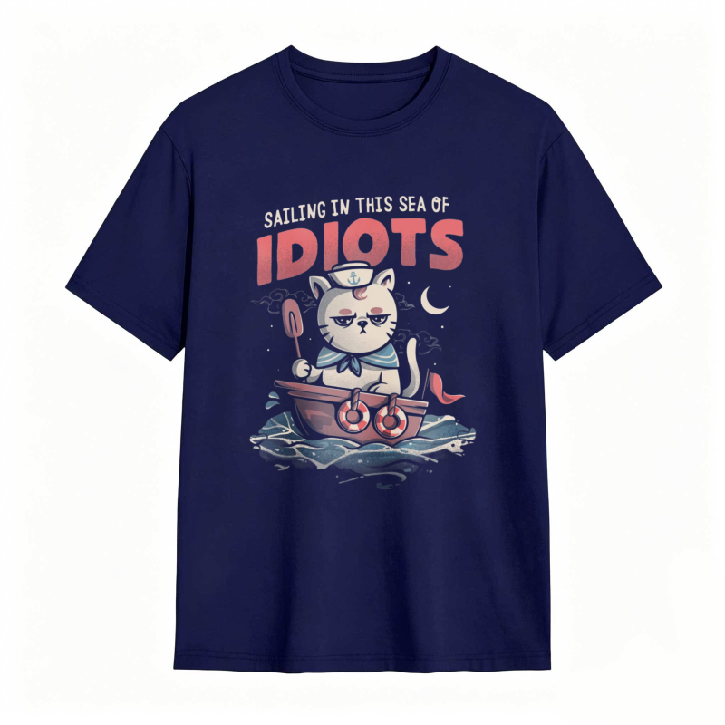 Cat Sailing In A Boat With Text Sailing In This Sea Of Idiots Unisex Classic T-shirt
