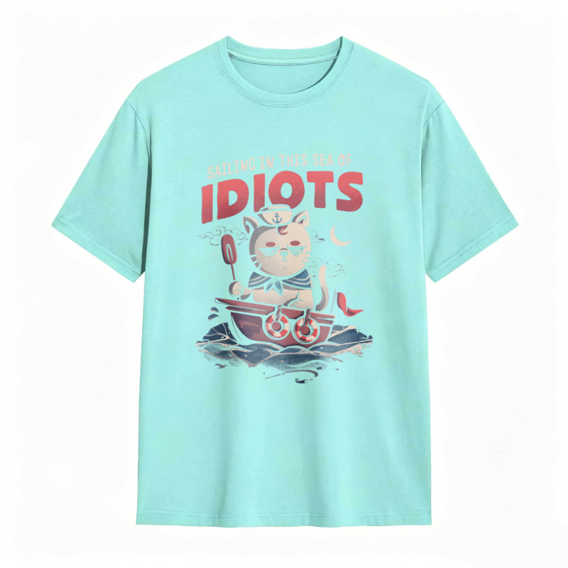 Cat Sailing In A Boat With Text Sailing In This Sea Of Idiots Unisex Classic T-shirt