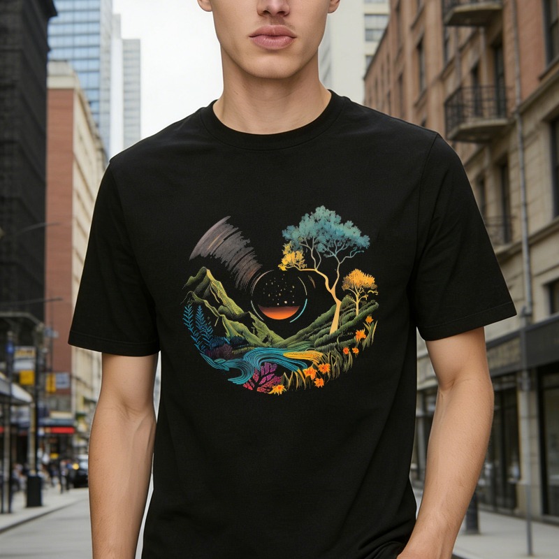 Nature Landscape With Mountain River Tree And Sun Unisex Classic T-shirt