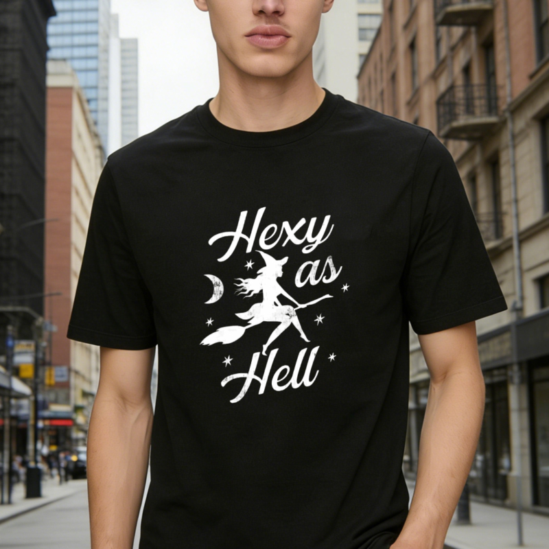 Hexy As Hell Witch On Broomstick Moon Stars Halloween Graphic T-shirt