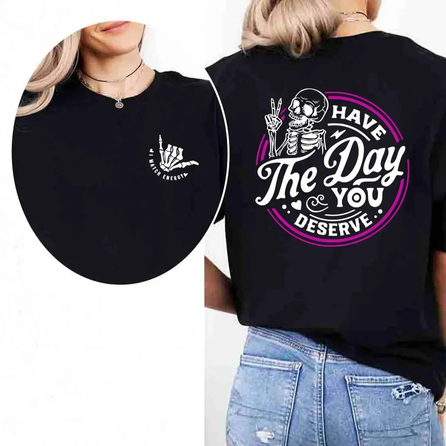 Women's Skeleton & Letter Print Round Neck Tee Fashion Casual Crew Neck T-Shirt for Daily Holiday Vacation Outdoor Wear