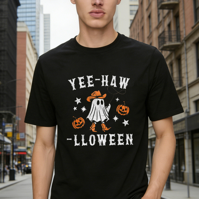 Yee Haw Lalloween Ghost Cowboy Hat Pumpkin Stars Funny Halloween T-shirt