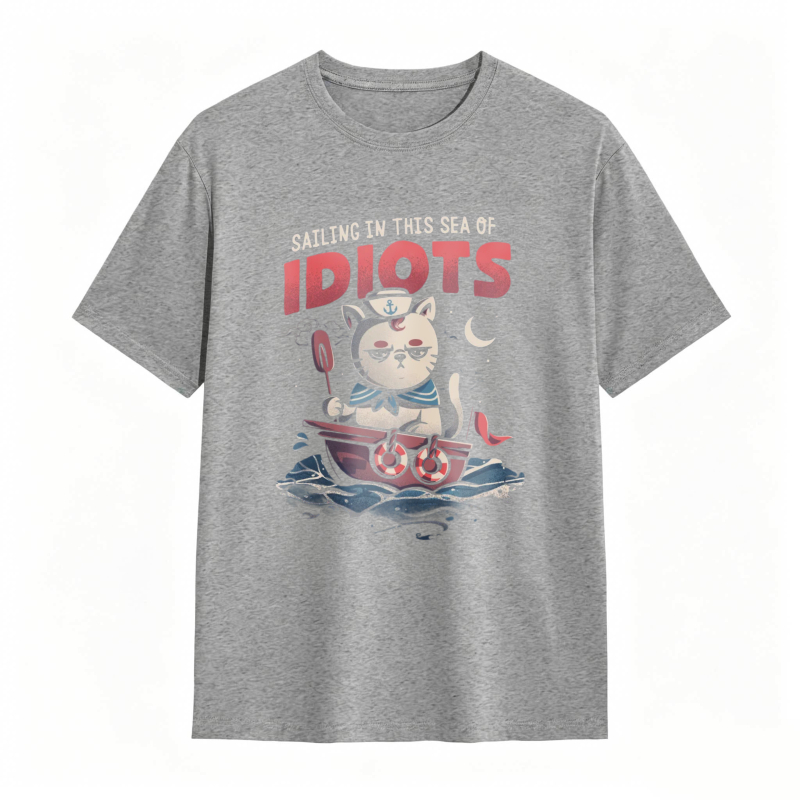 Cat Sailing In A Boat With Text Sailing In This Sea Of Idiots Unisex Classic T-shirt