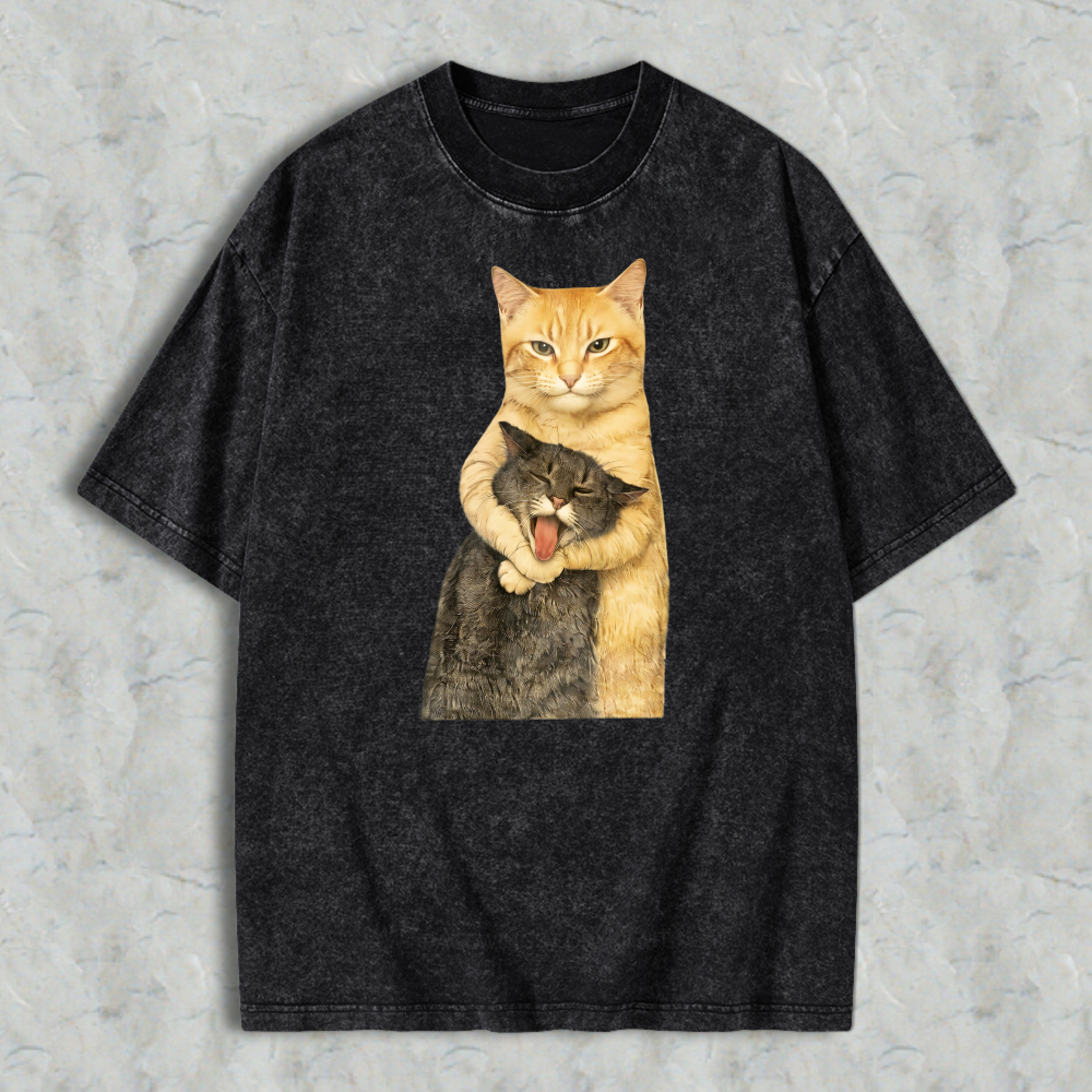 230g Washable Cat Quarrel Moment Print T-Shirt