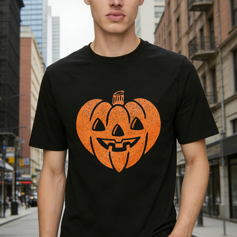 Orange Heart Shaped Jack O Lantern Pumpkin Face Graphic T-shirt