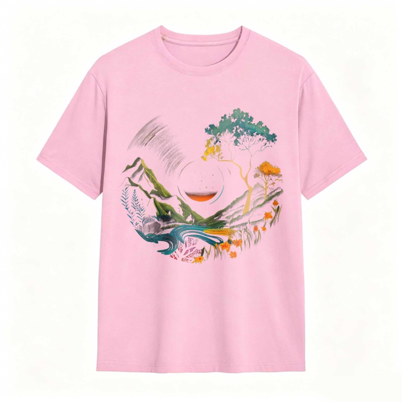 Nature Landscape With Mountain River Tree And Sun Unisex Classic T-shirt