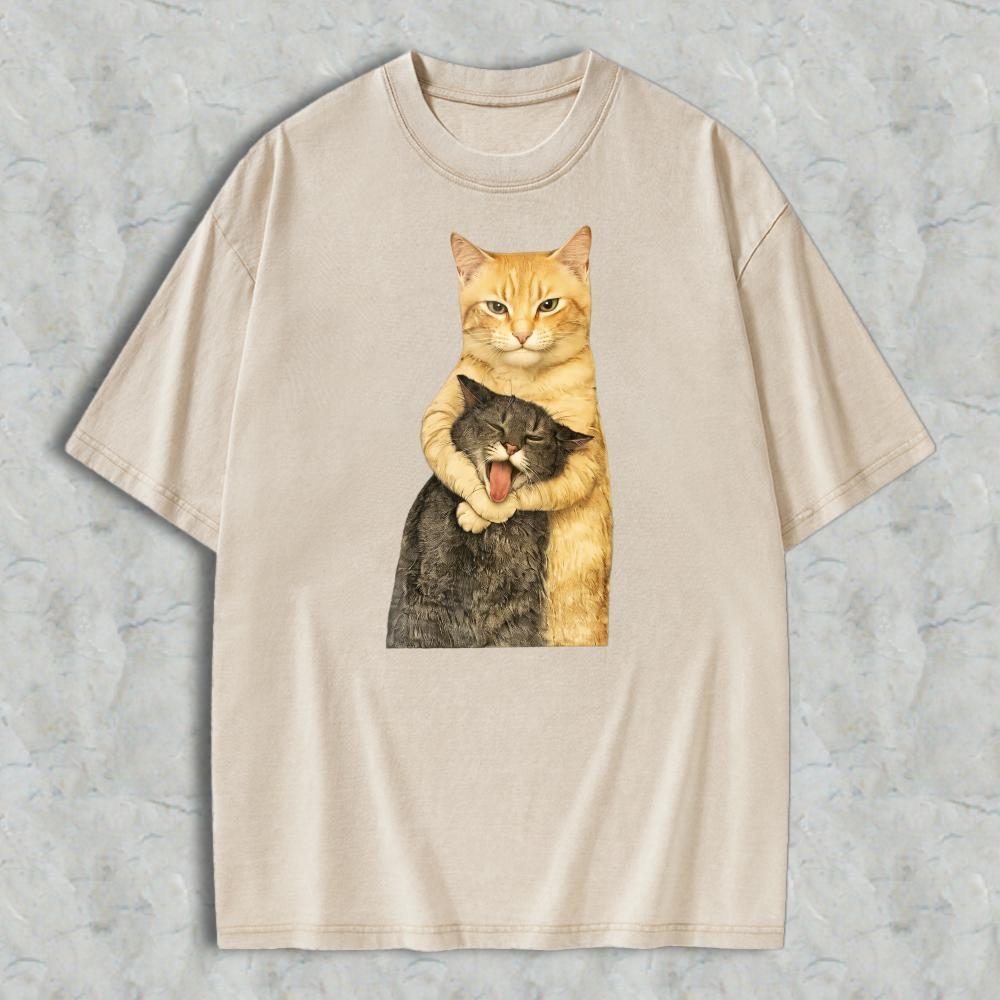 230g Washable Cat Quarrel Moment Print T-Shirt