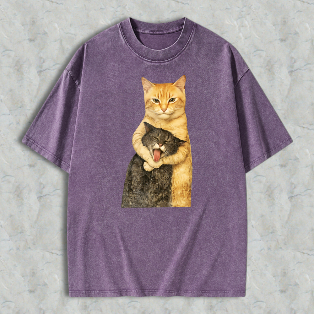 230g Washable Cat Quarrel Moment Print T-Shirt