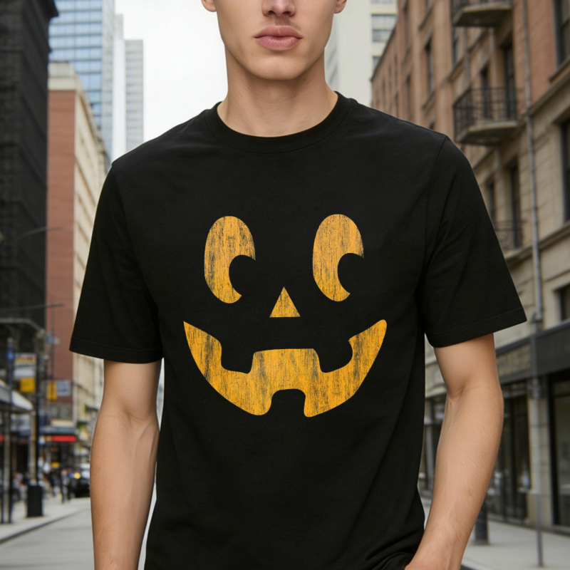 Vintage Distressed Pumpkin Face Halloween Jack O Lantern Graphic T-shirt