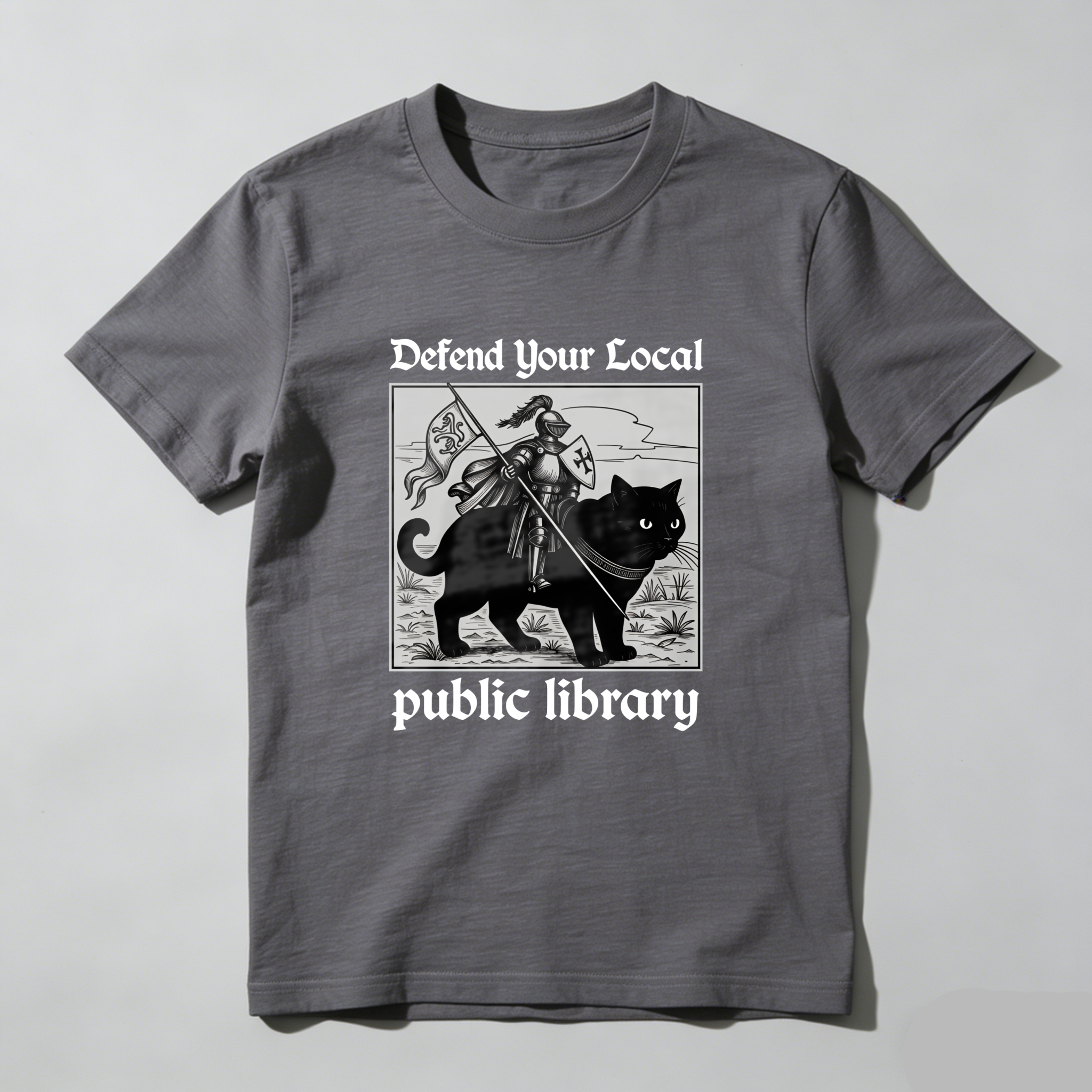 Wardrobecart Defend Your Local Public Library Cat Knight tshirt